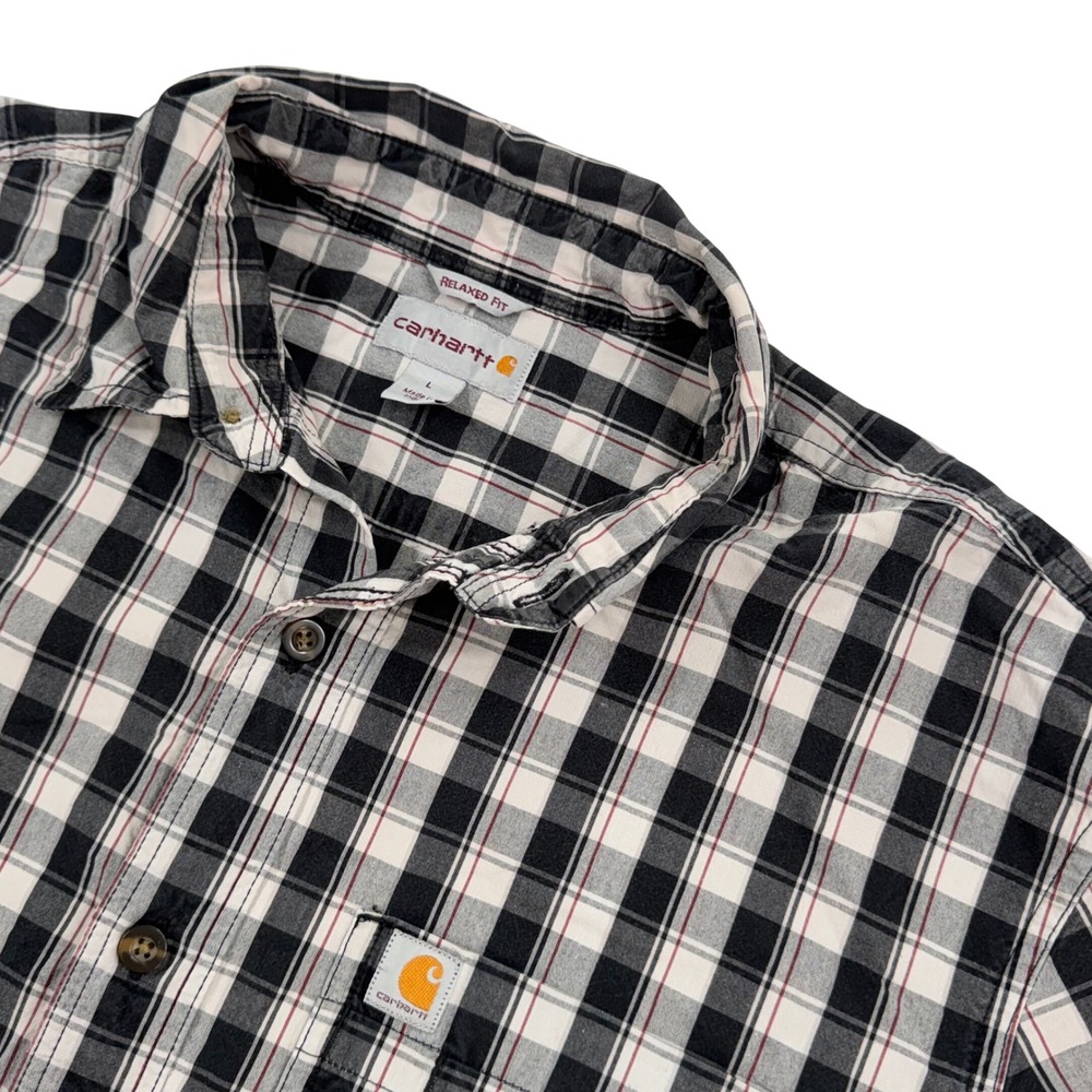 Carhartt Button Up‎ Shirt Mens L Plaid Short Sleeve Cotton Relaxed Fit Black